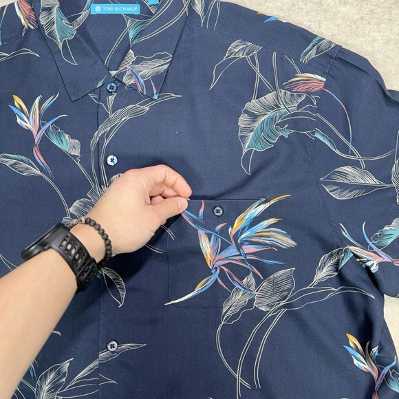 Tori Richard Shirt Mens 2XL Navy Blue Floran Hawaiian Silk Blend SS Button Up - Picture 5 of 10